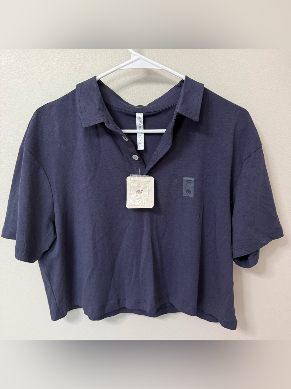 New Fabletics Boxy Short Sleeve Polo Shirt Blue - Large NWT Cropped